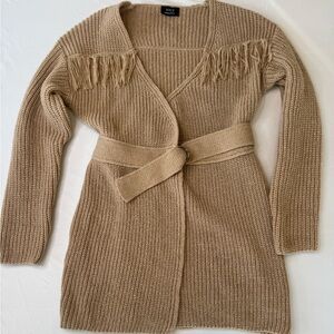 VICI Fringe Belted Chunky Knit Cardigan Sweater | XS | Boho Neutral